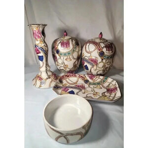 Vintage R.M Macy & Co Hand Painted Vase, Candle holder and Dishes